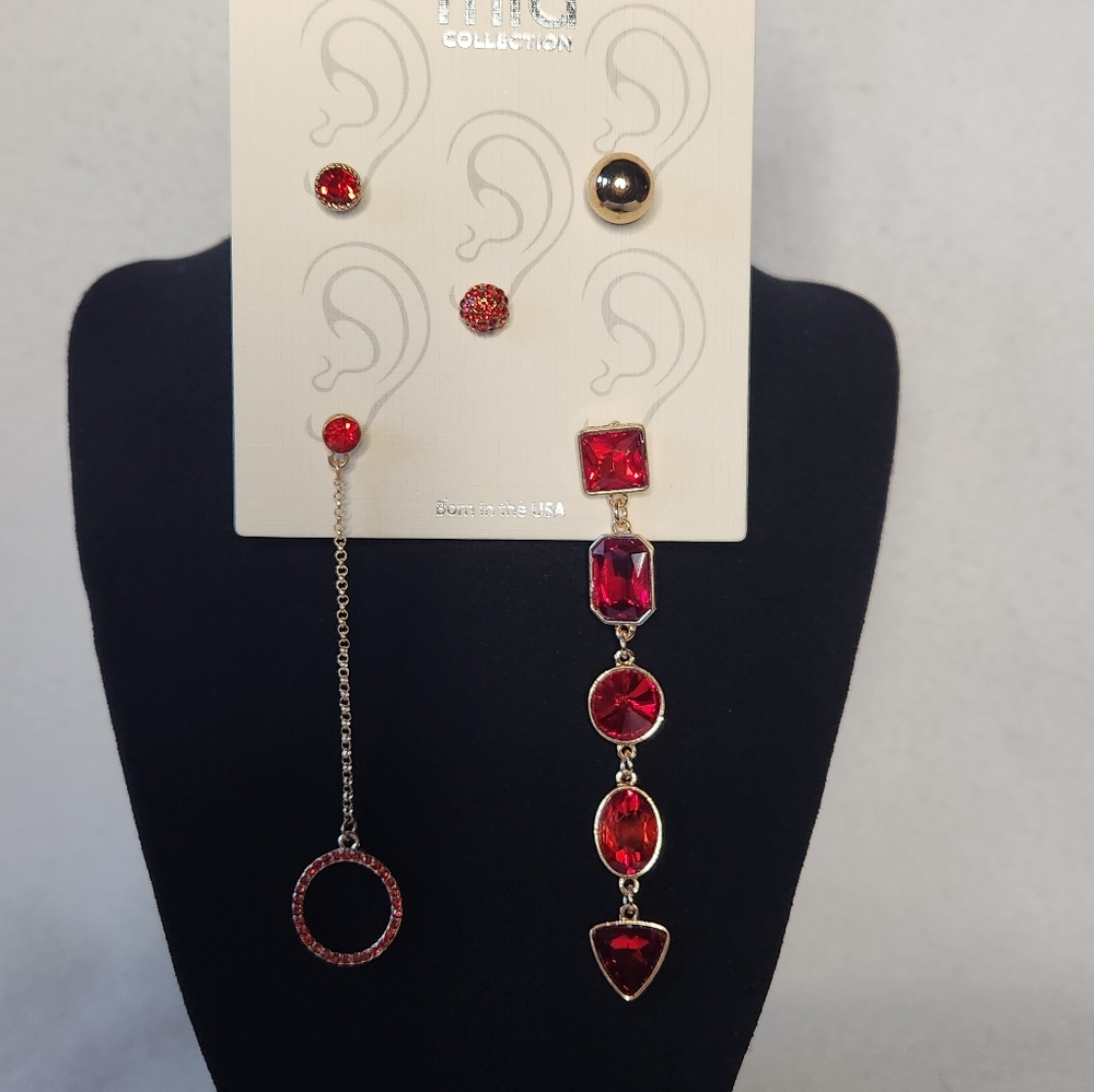 Mia Collection Gold-Tone Glass Button Dangle Stud Earrings – Red Rhinestone Set